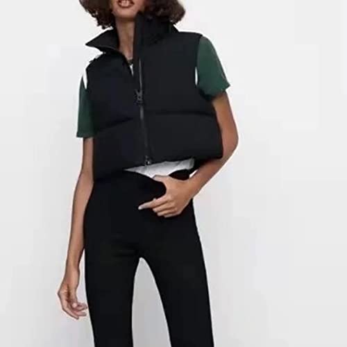 Ainangua Women's Crop Padded Vest Stand Collar Lightweight Sleeveless Puffer Zip Up Gilet Outerwear(Black,M)