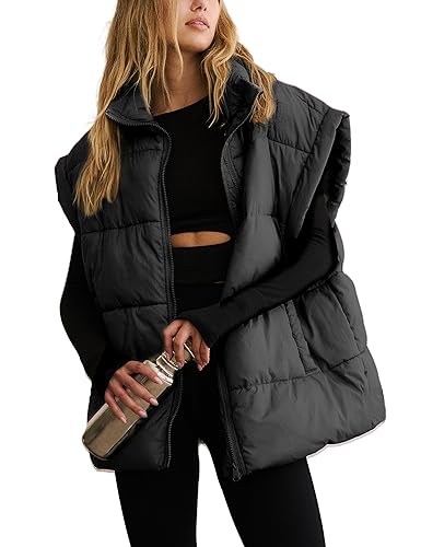 APAFES Women Winter Oversized Puffer Vest Lightweight Stand Collar Flysleeve Insulated Padded Puffy Jackets Coat with Pockets (871-BlackX1-M)