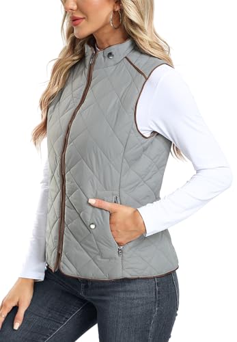 Dilgul Women's Padded Vest Stand Collar Lightweight Zip Quilted Gilet Light Grey M