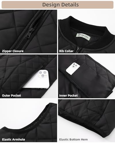 Fuinloth Women's Quilted Vest, Rib Collar Lightweight Zip Padded Gilet Black XXL