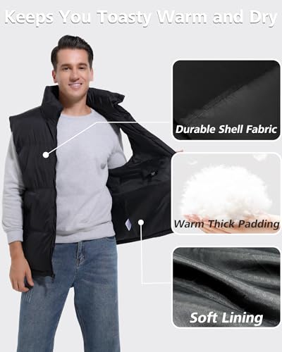 Generic Men's Puffer Vest Sleeveless Jacket Winter Outdoor Padded Warm Lightweight Quilted Outerwear Vest with Pockets Black Medium