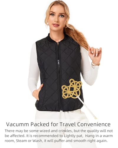 Fuinloth Women's Quilted Vest, Rib Collar Lightweight Zip Padded Gilet Black XXL