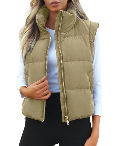 Polu Cropped Puffer Vest Women Sleeveless Stand Collar Padded Gilet Winter Lightweight Puffy Vest(Khaki,M)