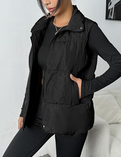 Zeagoo Women Puffer Vest Lightweight Stand Collar Sleeveless Winter Warm Zip Up Padded Outerwear Jackets with Pockets Black L