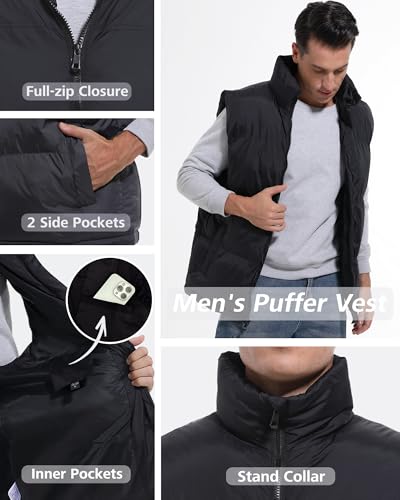 Generic Men's Puffer Vest Sleeveless Jacket Winter Outdoor Padded Warm Lightweight Quilted Outerwear Vest with Pockets Black Medium