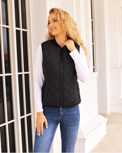 Fuinloth Women's Quilted Vest, Rib Collar Lightweight Zip Padded Gilet Black XXL
