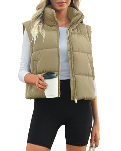 Polu Cropped Puffer Vest Women Sleeveless Stand Collar Padded Gilet Winter Lightweight Puffy Vest(Khaki,M)