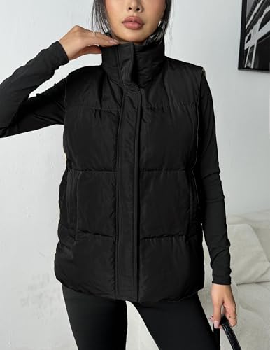 Zeagoo Women Puffer Vest Lightweight Stand Collar Sleeveless Winter Warm Zip Up Padded Outerwear Jackets with Pockets Black L