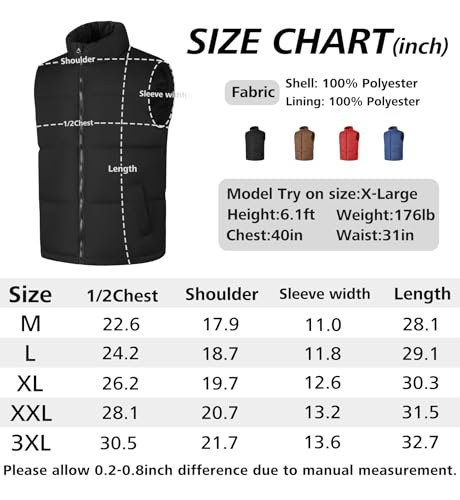 Generic Men's Puffer Vest Sleeveless Jacket Winter Outdoor Padded Warm Lightweight Quilted Outerwear Vest with Pockets Black Medium