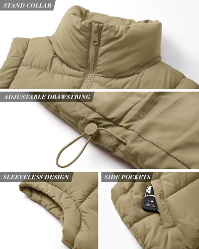 Polu Cropped Puffer Vest Women Sleeveless Stand Collar Padded Gilet Winter Lightweight Puffy Vest(Khaki,M)