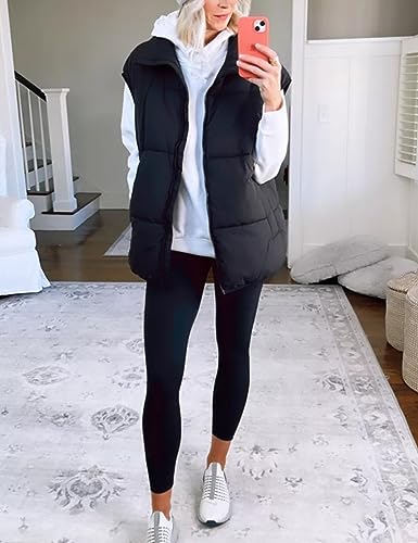 APAFES Women Winter Oversized Puffer Vest Lightweight Stand Collar Flysleeve Insulated Padded Puffy Jackets Coat with Pockets (871-BlackX1-M)