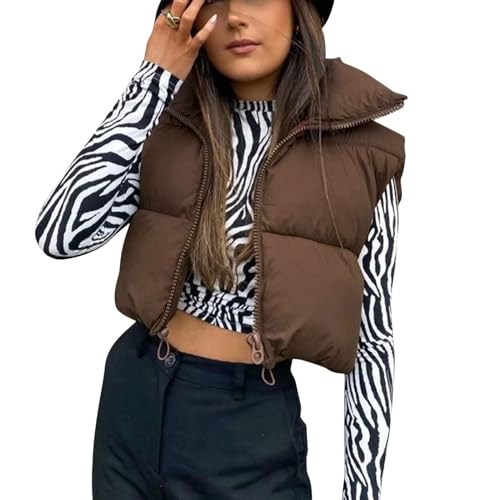 Aopwsrlyi Women/Girls Winter Crop Vest Lightweight Sleeveless Warm Outerwear Puffer Vest Padded Gilet(M,Brown)