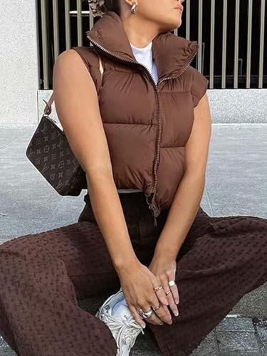 Aopwsrlyi Women/Girls Winter Crop Vest Lightweight Sleeveless Warm Outerwear Puffer Vest Padded Gilet(M,Brown)
