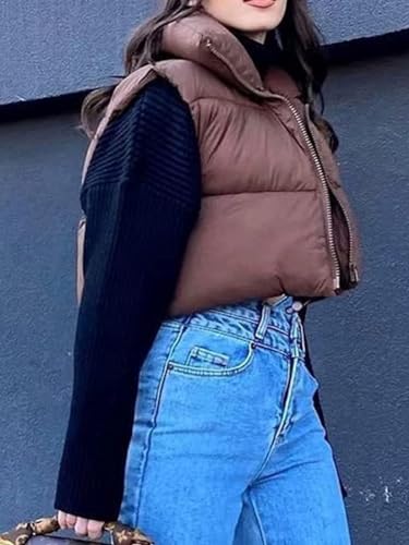 Aopwsrlyi Women/Girls Winter Crop Vest Lightweight Sleeveless Warm Outerwear Puffer Vest Padded Gilet(M,Brown)