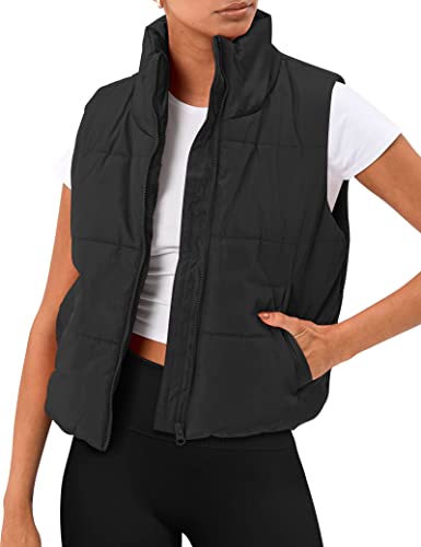 Trendy Queen Puffer Vest Women Fall Winter Fashion Clothes Outfits Sleeveless Winter Outerwear Warm Puffer Lightweight Fashion Stand-up Collar Down Vest Black M