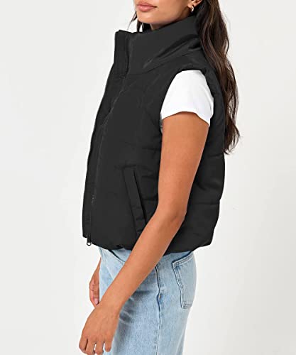 Trendy Queen Puffer Vest Women Fall Winter Fashion Clothes Outfits Sleeveless Winter Outerwear Warm Puffer Lightweight Fashion Stand-up Collar Down Vest Black M