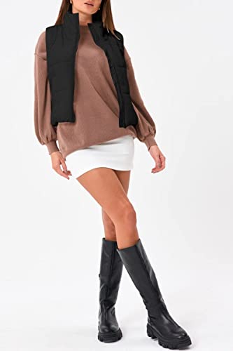 Trendy Queen Puffer Vest Women Fall Winter Fashion Clothes Outfits Sleeveless Winter Outerwear Warm Puffer Lightweight Fashion Stand-up Collar Down Vest Black M