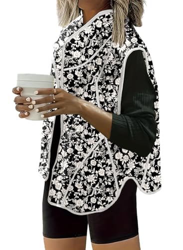 Dokotoo Womens Puffer Vest Lightweight Casual Cropped Quilted Vest Padded Gilet for Women 2024 Trendy Floral Print Jackets Winter Warm Outwear coats Black Small