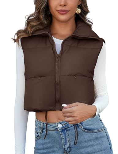 Kissonic Women's Padded Down Vest Puffer Stand Collar Zip Up Crop Sleeveless Jacket (Large, Brown)