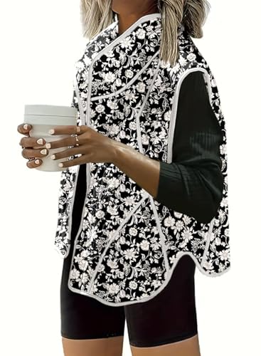 Dokotoo Womens Puffer Vest Lightweight Casual Cropped Quilted Vest Padded Gilet for Women 2024 Trendy Floral Print Jackets Winter Warm Outwear coats Black Small