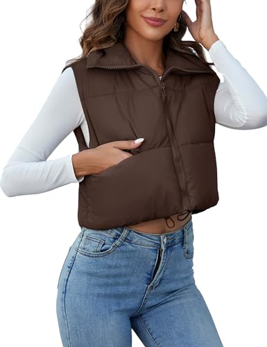 Kissonic Women's Padded Down Vest Puffer Stand Collar Zip Up Crop Sleeveless Jacket (Large, Brown)
