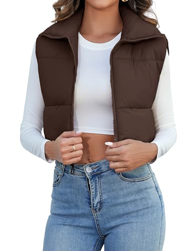 Kissonic Women's Padded Down Vest Puffer Stand Collar Zip Up Crop Sleeveless Jacket (Large, Brown)