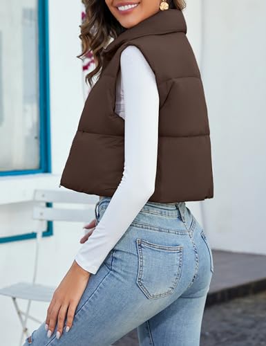 Kissonic Women's Padded Down Vest Puffer Stand Collar Zip Up Crop Sleeveless Jacket (Large, Brown)
