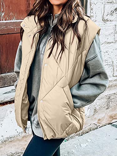 MEROKEETY Women's 2024 Winter Puffer Vest Quilted Stand Collar Zip Up Padded Gilet Coat with Pockets,Khaki,M