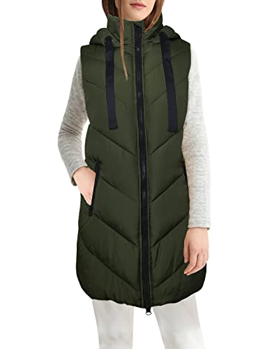 MJORI Women's Puffer Outwear Vests Hodded Zipper Padded Long Vest for Women Chalecos De Mujer De Vestir(Olive M)