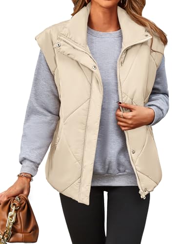 MEROKEETY Women's 2024 Winter Puffer Vest Quilted Stand Collar Zip Up Padded Gilet Coat with Pockets,Khaki,M