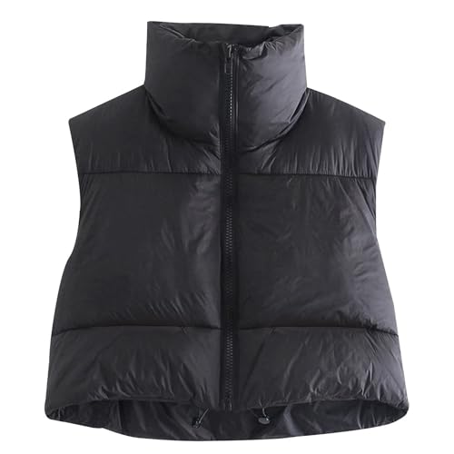 Hixiaohe Women's Winter Crop Vest Puffer Lightweight Stand Collar Padded Vest Zip Up Sleeveless Jacket(Black,S)