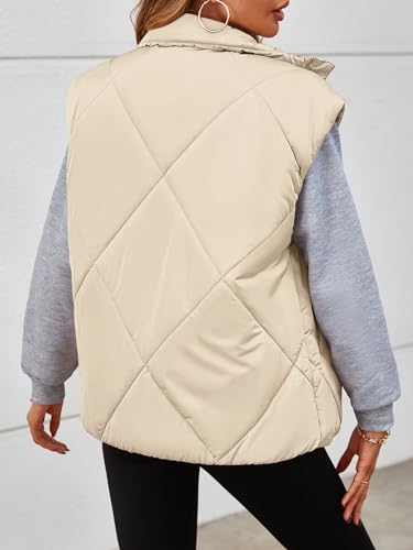 MEROKEETY Women's 2024 Winter Puffer Vest Quilted Stand Collar Zip Up Padded Gilet Coat with Pockets,Khaki,M