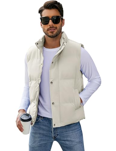 Flygo Mens Puffer Vest Winter Padded Vests Lightweight Stand Collar Sleeveless Jacket Outerwear(LightKhaki-L)