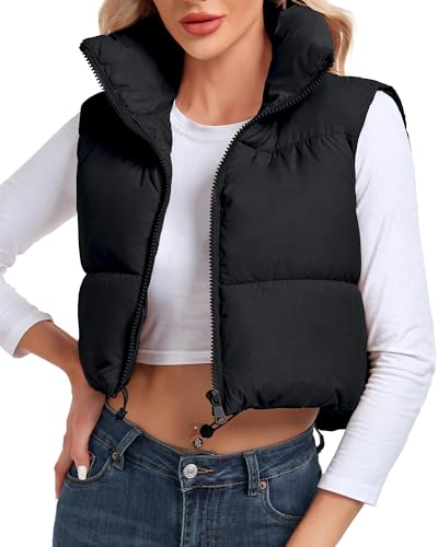 Cityork Puffer Vest Women Stand Collar Zipper Cropped Vest Lightweight Sleeveless Warm Padded Gilet Coat Black M