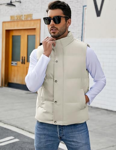 Flygo Mens Puffer Vest Winter Padded Vests Lightweight Stand Collar Sleeveless Jacket Outerwear(LightKhaki-L)