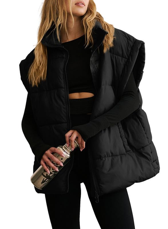Dokotoo Women Winter Oversized Puffer Vest Quilted Lightweight Stand Collar Flysleeve Insulated Padded Puffy Jackets Coat with Pockets 2024 Fashion Black Medium