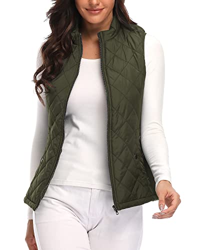 Argstar Women's Quilted Puffer Vest, Stand Collar Lightweight Zip Padded Sleeveless Outerwear Gilet Army Green