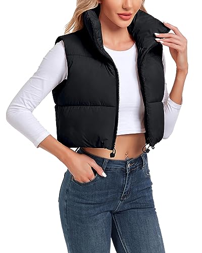 Cityork Puffer Vest Women Stand Collar Zipper Cropped Vest Lightweight Sleeveless Warm Padded Gilet Coat Black M