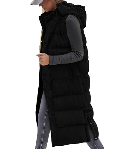 BTFBM Long Puffer Vest Women Quilted Hooded Button Down Zip Up Sleeveless Vests Outerwear Padded Jacket Winter Coat 2024(Black, Medium)