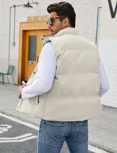 Flygo Mens Puffer Vest Winter Padded Vests Lightweight Stand Collar Sleeveless Jacket Outerwear(LightKhaki-L)