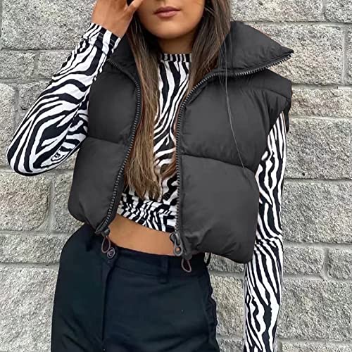 Hixiaohe Women's Winter Crop Vest Puffer Lightweight Stand Collar Padded Vest Zip Up Sleeveless Jacket(Black,S)