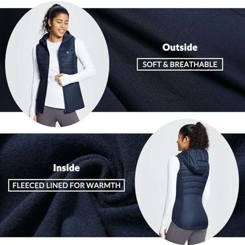 BALEAF Women's Puffer Vest Lightweight Hooded Slim Fit Running FLeece Lined Hybrid Sleeveless Warm up Winter Navy Blue M