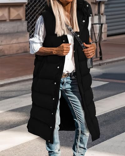 BTFBM Long Puffer Vest Women Quilted Hooded Button Down Zip Up Sleeveless Vests Outerwear Padded Jacket Winter Coat 2024(Black, Medium)
