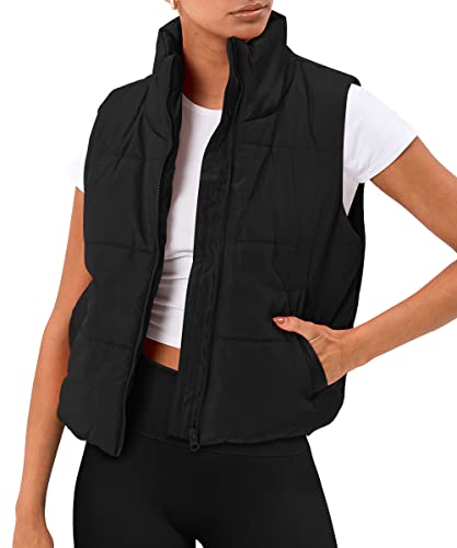 AUTOMET Fall Outfits Clothes Puffer Vest Women Sleeveless Winter Cropped Outerwear Warm Puffer Lightweight Stand-up Collar Down with Pockets 2024 Black M