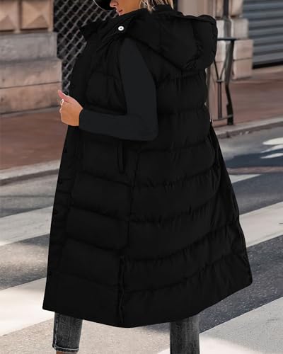 BTFBM Long Puffer Vest Women Quilted Hooded Button Down Zip Up Sleeveless Vests Outerwear Padded Jacket Winter Coat 2024(Black, Medium)