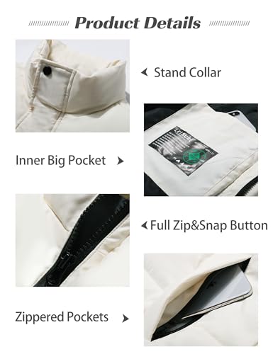 Flygo Mens Puffer Vest Winter Padded Vests Lightweight Stand Collar Sleeveless Jacket Outerwear(LightKhaki-L)