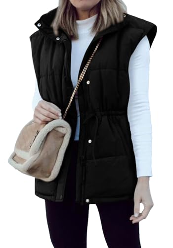 BTFBM Women's Casual Outerwear Vest Button Down Zip Up Padded Gilet Drawstring Sleeveless Jackets Coats with Pockets(Solid Black, Large)