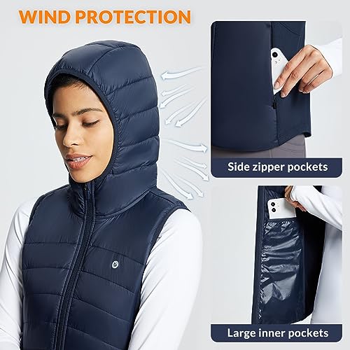 BALEAF Women's Puffer Vest Lightweight Hooded Slim Fit Running FLeece Lined Hybrid Sleeveless Warm up Winter Navy Blue M