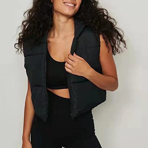 Hixiaohe Women's Winter Crop Vest Puffer Lightweight Stand Collar Padded Vest Zip Up Sleeveless Jacket(Black,S)