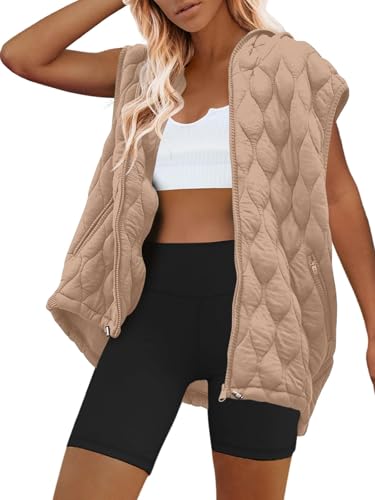 SENSERISE Womens Oversized Puffer Vest Sleeveless Quilted Jacket Zip Up Hoodie Winter Coat with Pockets Padded Gilet(Light Khaki,S)